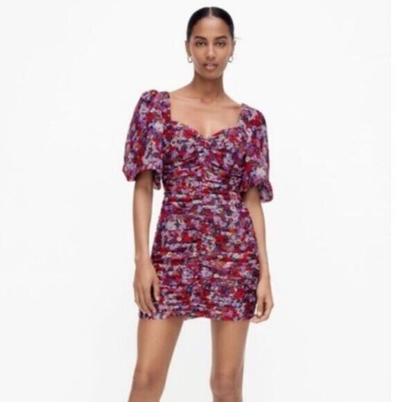 Zara Floral Chiffon Ruched Mini Dress - Picture 1 of 10